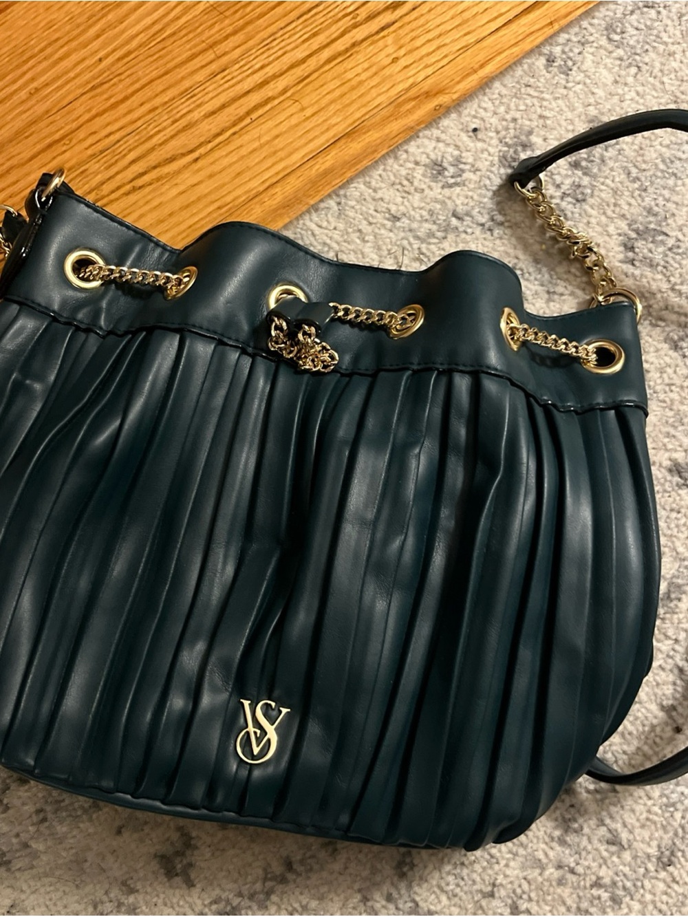 Victoria's Secret Pleated Bucket Shoulder Bag in Deep Teal with Gold Accents